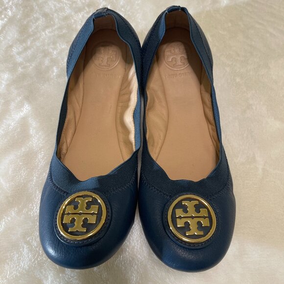 Tory Burch Navy Blue Leather Caroline Flats Gold Hardware Ballet Size: 5.5M - Picture 3 of 13